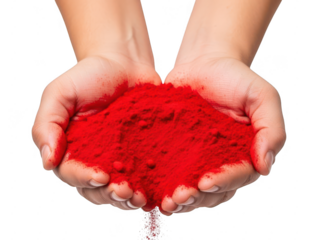 Hands holding red powder isolated on transparent background