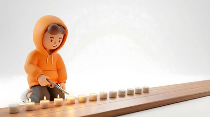 3D Character Lighting Candles on Wooden Plank, Cozy Minimalist Scene