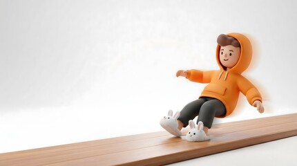 Playful 3D Character Sliding in Bunny Slippers