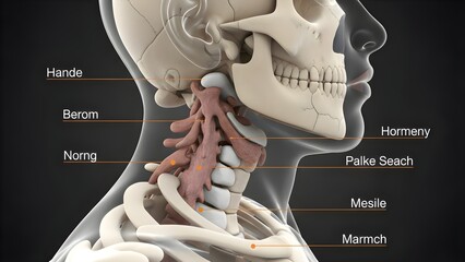 Detailed 3D Medical Illustration of Human Cervical Spine and Neck Anatomy Showing Vertebrae, Skull Base, Hyoid Bone, Larynx and Upper Thoracic Skeleton with Labeled Structures for Educational Referenc