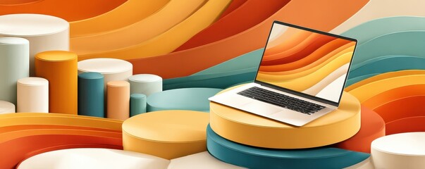 Laptop rests on a pedestal amid an abstract field of colorful blocks and data tiles