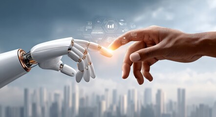 Robotic hand reaches toward a human hand in a futuristic cityscape with mountains and data visuals