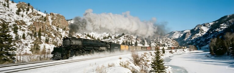 Fototapeta premium Powerful Steam Locomotive Racing Through Snowy Mountain Canyon