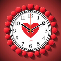 Decorative wall clock with a large red heart face and a frame of smaller hearts
