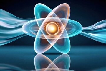 Abstract futuristic blue glow with energy sphere orbiting a glowing atom model on a platform