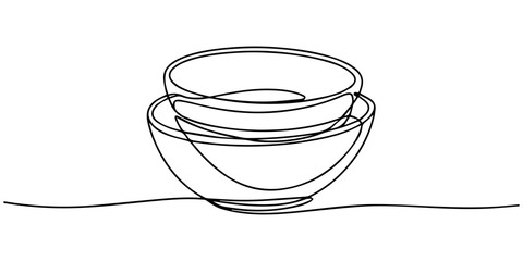 Continuous Line Drawing Of Stack Of Bowl, Continuous one line drawing of stack of bowls. One line drawing illustration of piles of bowls. kitchen set concept line art. Editable outline, Stack of plate