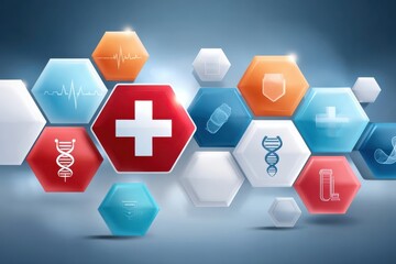 Futuristic medical technology background featuring a DNA strand and digital health icons for healthcare innovation