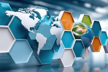 Global technology concept with glowing hexagons surrounding a digital blue globe