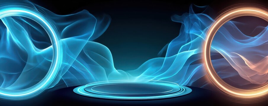 Blue glowing energy rings on black background create futuristic sci-fi portal and energy fields visual - Powered by Adobe