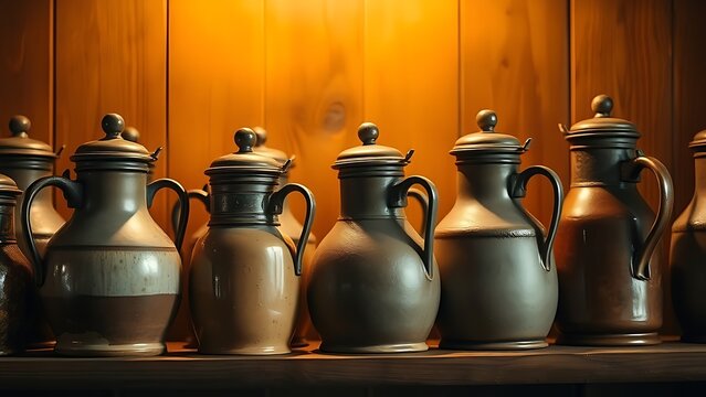 flagons. Rustic ceramic and pewter flagons with lids on wooden shelf in warm light. bar promotions, beverage menus, designed for product packaging and bar promotions, used by marketing managers.
