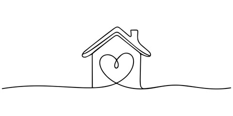Heart inside house, Heart inside house continuous one line drawn. Love home concept. Vector illustration isolated on white, Home Sweet Home Continuous Line Icon, Heart inside house continuous one line