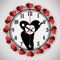 Decorative wall clock with a large red heart face and a frame of smaller hearts