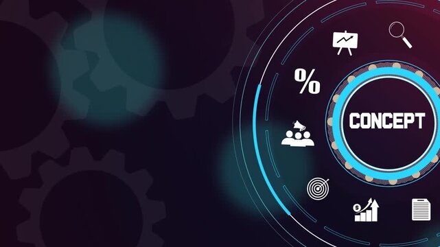 Modern business concept development with glowing neon corporate icons and digital gear wheels background.