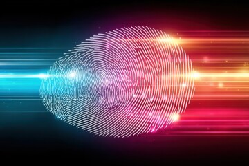 Colorful abstract fingerprint against neon waves representing biometric security and identity verification technology