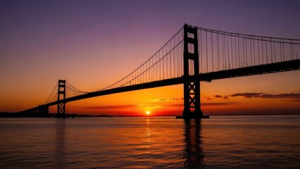 Fototapeta premium Majestic suspension bridge silhouetted against a breathtaking twilight sky reflecting vibrant colors