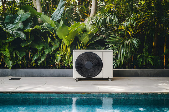Heat pump unit beside a swimming pool.