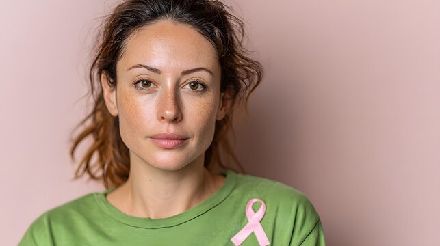 Woman with pink ribbon on her shirt, supporting breast cancer awareness. - Powered by Adobe