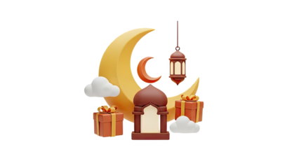 3D Islamic Ramadan Elements: Crescent Moon, Lantern, Mosque, and Gifts
