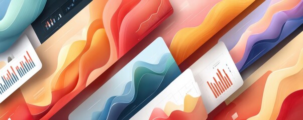 Abstract data visualization for finance analytics with colorful waves, charts, and graphs