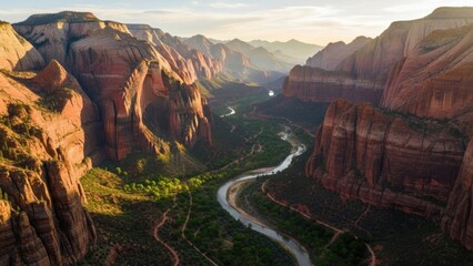 An expansive aerial view reveals a winding river carving through magnificent sandstone canyon