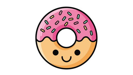 Fototapeta premium Cute cartoon donut with pink frosting and colorful sprinkles, delicious dessert.