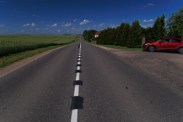 Road view on a summer day. Highways and bridge, roadside and white road line markings.