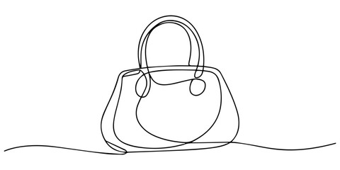 Lady's bag single line art vector illustration. Woman bag continuous one line drawing, Editable vector, Elegant woman bag one line drawing on white isolated background, One continuous line.