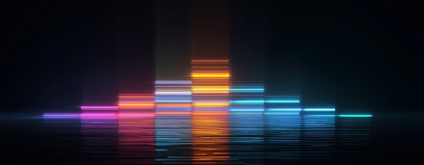 Digital Symphony of Colors: A mesmerizing display of vibrant, glowing bars pulses with rhythmic energy, showcasing a symphony of colors. The dynamic arrangement symbolizes sound, music.