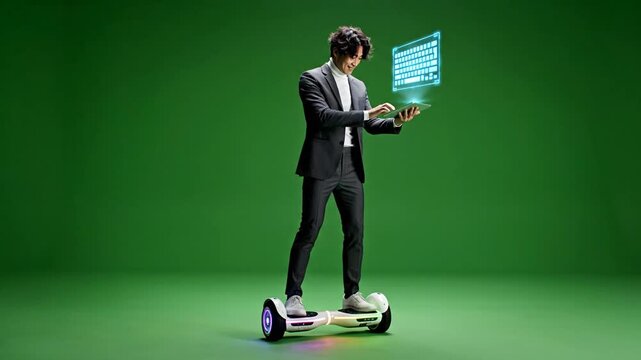 Businessman balancing on hoverboard with glowing tablet