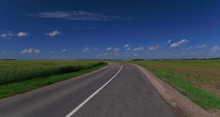 Fototapeta premium Road view on a summer day. Highways and bridge, roadside and white road line markings.