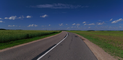 Road view on a summer day. Highways and bridge, roadside and white road line markings.
