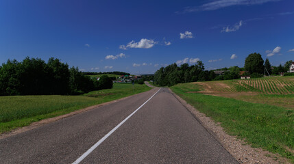 Fototapeta premium Road view on a summer day. Highways and bridge, roadside and white road line markings.