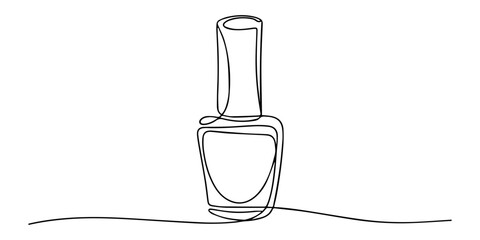 Bottle of nail polish as one line drawing banner. Continuous hand drawn minimalist minimalism design. one line Icon drawing with white background. Nail varnish one line drawing on white isolated back.