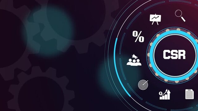 Modern CSR corporate social responsibility concept with glowing neon business icons and digital gear wheels.