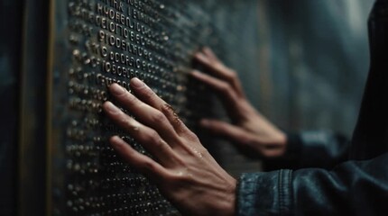 Close-up of a person's hands touching a Braille book in a dark setting. - Powered by Adobe