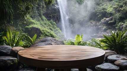 Round wooden table near a mountain waterfall surrounded by rocks and lush greenery with the mist from the waterfall adding a refreshing touch to the peaceful serene atmosphere