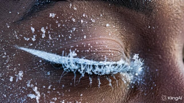 brown eye decorated with white snowflake embellishments, reflecting serene mood, with depth in its pupil, evoking tranquil winter scene, whimsical beauty, and delicate detail