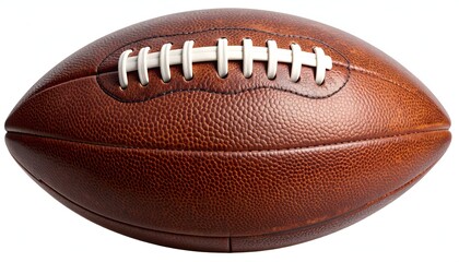 Brown pigskin football, close-up, white laces, isolated on white