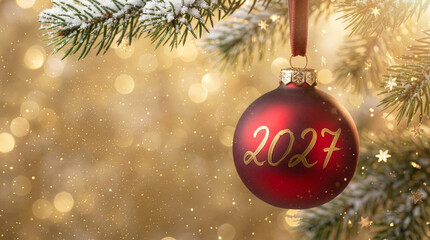 Happy New Year 2027 Red Christmas Ornament Golden Bokeh Sparkle