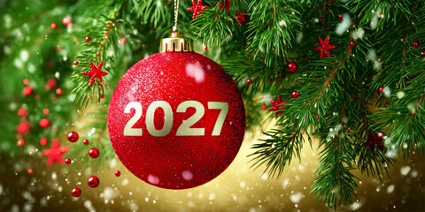 Happy New Year 2027 Red Christmas Ornament Golden Bokeh Sparkle