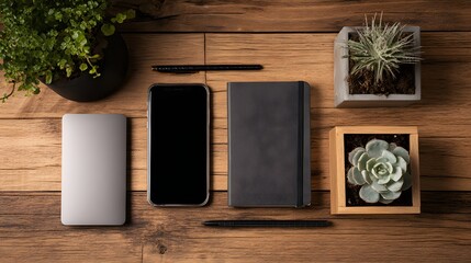 Wooden Desk with Smartphone, Notebook, Pens, and Plants - A Minimalist Workspace.