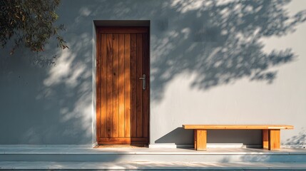 Wooden Door and Bench in Sunlight with Tree Shadows on the Wall.