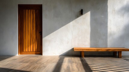 Wooden Door and Bench in a Modern Interior with Sunlight and Shadows.