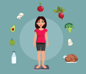 Woman with Optimal Weight Surrounded by Healthy Diet Vector Illustration. Lady being surrounded by healthy eating choices 
