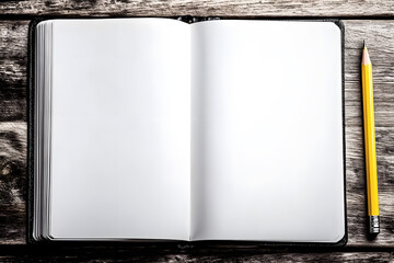 Blank notebook and pencil on a wooden table.