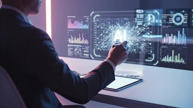 Man Interacting with Futuristic AI Interface and Data Visualizations.