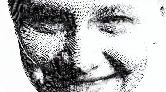 Close-up halftone portrait of a smiling woman's face on a white background