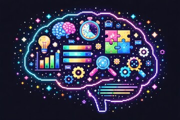 Obraz premium Conceptual representation of cognitive processes showcasing vibrant symbols of knowledge innovation creativity data analytics and problem solving dynamics in an illuminating visual collage