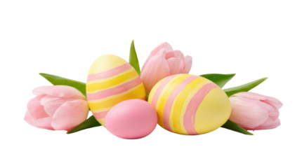 A vibrant spring bouquet of colorful Easter eggs and pink tulips serves as a festive floral decoration and seasonal holiday gift blooming with nature's bright green and yellow colors