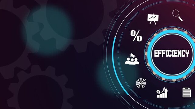 Business efficiency optimization with glowing neon corporate icons and digital gear wheels background.